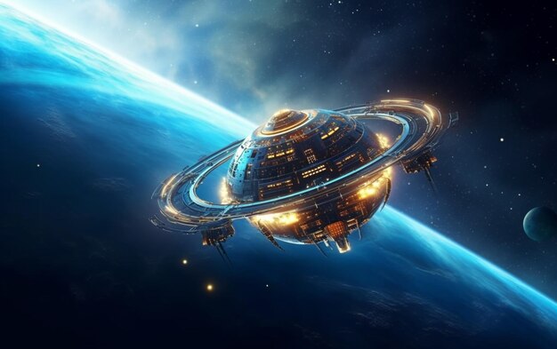 Nave espacial resplandeciente orbita planeta en galaxia estrellada