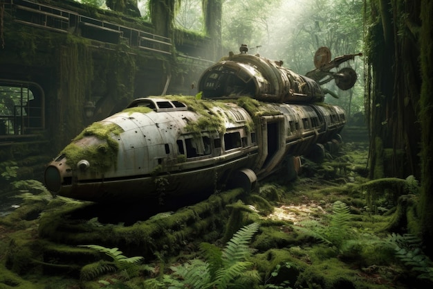 Nave espacial en ruinas en un frondoso bosque cubierto de musgo creado con inteligencia artificial generativa