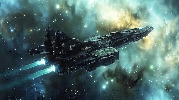 Foto la nave espacial está volando a través de una nebulosa la nave es elegante y negra con luces azules y verdes brillando de sus motores