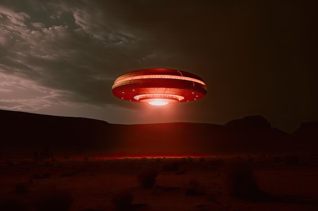 Nave-mãe UFO à noite em uma imagem de campo aberto com cores brilhantes Ai generative