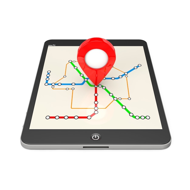 Navegación a través de Tablet PC. Puntero de ubicación en Tablet PC con Metro de transporte abstracto o mapa del metro sobre un fondo blanco. Representación 3D