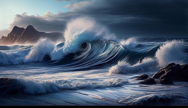 Navegando al atardecer en una IA generativa de onda azul