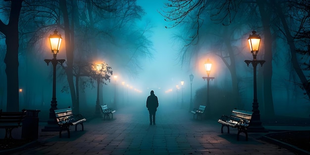 Navegando por un camino de parque brumoso bajo la cubierta de la oscuridad Concepto Fotografía nocturna Atmósfera brumosa Camino de parque Iluminación atmosférica Exploración de la naturaleza