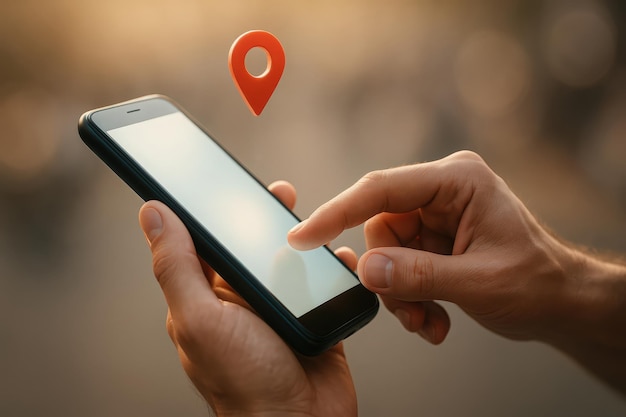 Navegando por el mundo digital La mano de una persona interactuando con un teléfono inteligente para servicios de localización