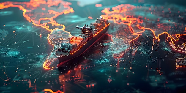 Foto navegando no comércio global um navio de contêineres futurista em um mapa mundial digital conceito navegando em uma cadeia de suprimentos de tecnologia futurista