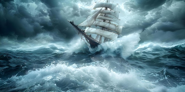 Navegando por águas turbulentas Um navio de vela luta contra mares turbulentos em uma tempestade Conceito Aventura Tempestade Vela Mares turbulentos Desafios