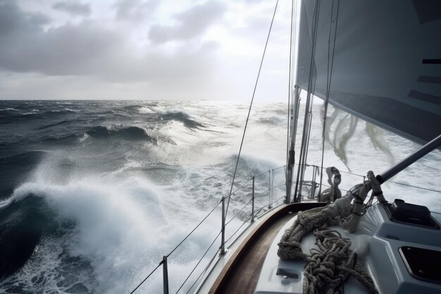 Navegando en un velero o yate en el océano durante una tormenta extrema con grandes olas POV IA generativa