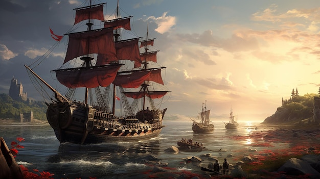 Navegue para a história Fantasy Columbus Day Card com um navio majestoso