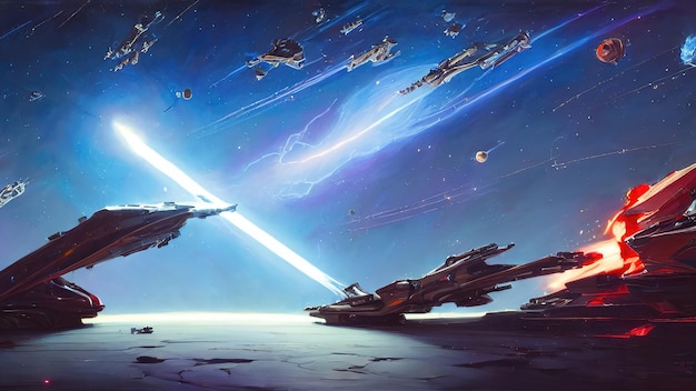 Naves espaciais de batalha espacial estão lutando contra disparos de explosões e faíscas de armas a laser Destruiu a ilustração 3d da nave espacial