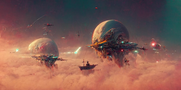 Naves espaciais de batalha sciFi futuristas pairam sobre um oceano ácido de um planeta alienígena, renderização em 3d.