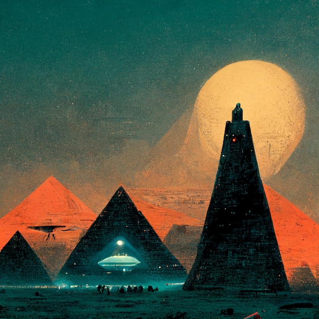 naves espaciais e alienígenas na frente de pirâmides em uma IA generativa no deserto