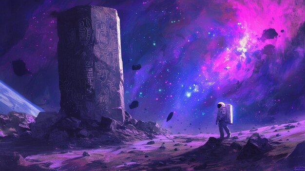 naves espaciais e um homem de pé na frente de um pilar alto generativo ai