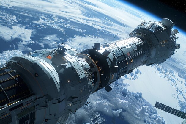 Naves espaciais futuristas atracando em uma estação espacial em