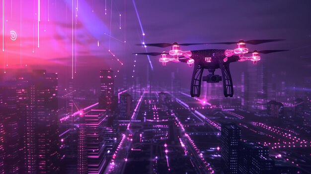 Foto naves espaciales futuristas púrpuras y drones volando sobre una ciudad por la noche