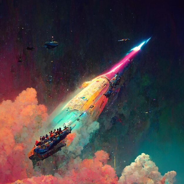 naves espaciales volando por el cielo con un colorido cielo de fondo generativo ai