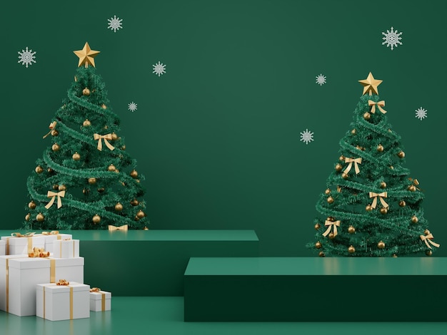 Navidad 3D y feliz año nuevo para mostrar producto plantilla de banner de publicación en redes sociales Fondo verde