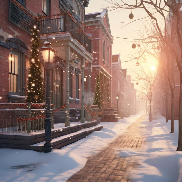 Foto navidad al aire libre en invierno calle nevada con luz en las casas por la noche escena de navidad en la ciudad