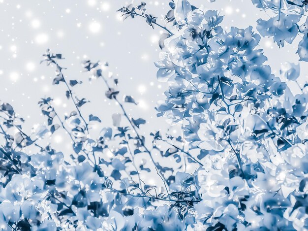 Navidad Año Nuevo azul floral naturaleza fondo vacaciones tarjeta diseño flor árbol y nieve brillo como telón de fondo de venta de temporada de invierno para marca de belleza de lujo