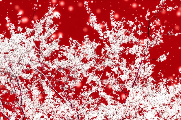 Navidad año nuevo fondo floral rojo diseño de tarjeta de vacaciones árbol de flores y brillo de nieve como telón de fondo de promoción de venta de temporada de invierno para marca de belleza de lujo