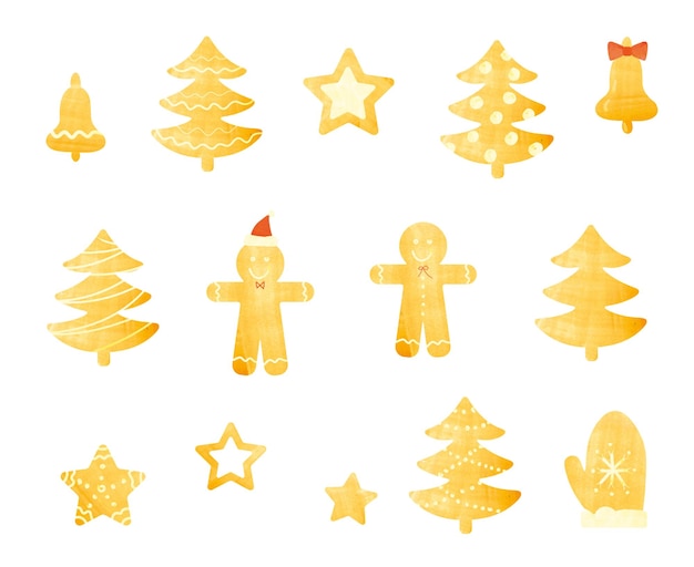 Foto navidad y año nuevo galletas de jengibre dibujo a mano conjunto aislado