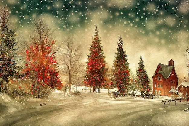 Navidad y año nuevo Ilustración acuarela Paisaje invernal con árbol de navidad