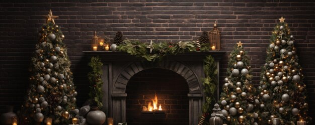 Navidad Año Nuevo pared de ladrillo interior decorada con vela de árbol de Navidad permanente Generative ai