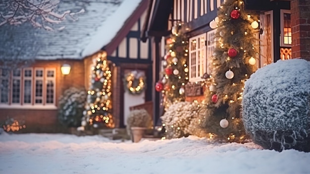 Navidad en el campo cabaña y jardín decorado para las vacaciones en una noche nevada de invierno con nieve y luces de vacaciones estilo de campo inglés