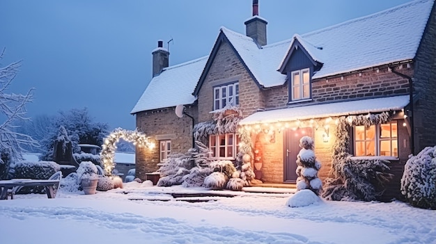 Navidad en la casa rural y jardín decorado para las vacaciones en una noche nevada de invierno con nieve y luces navideñas, inspiración de estilo campestre inglés