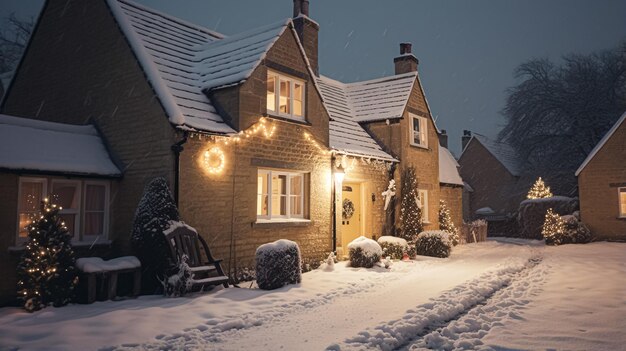 Navidad en la casa rural y jardín decorado para las vacaciones en una noche nevada de invierno con nieve y luces navideñas, inspiración de estilo campestre inglés