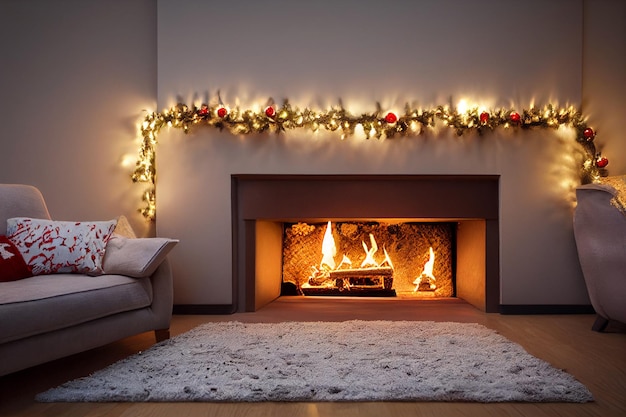 Navidad y chimenea acogedora bolas sofá blanco