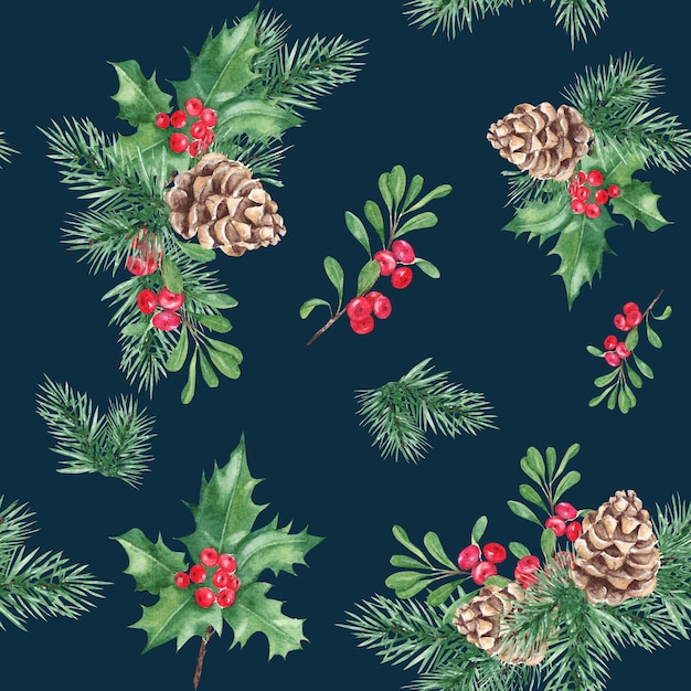 Navidad dibujo a mano patrón sin costura con plantas de invierno bosque ramas de pino con cono de acebo con