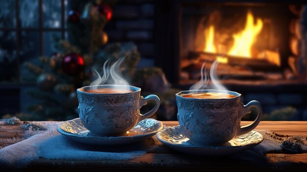 Navidad dos tazas de té en la mesa la chimenea está encendida IA generativa
