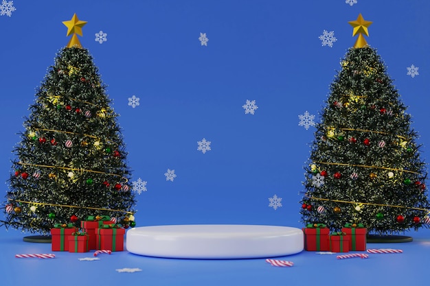 Navidad y feliz año nuevo con caja de regalo de árbol de Navidad con decoración sobre fondo rojo.