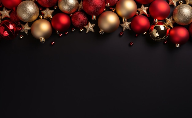 Navidad y feliz año nuevo fondo negro con bolas y adornos navideños Vista superior espacio de copia IA generativa