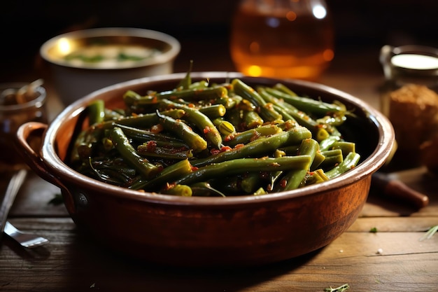 Navidad de frijoles verdes cocidos lentamente con harissa y comino