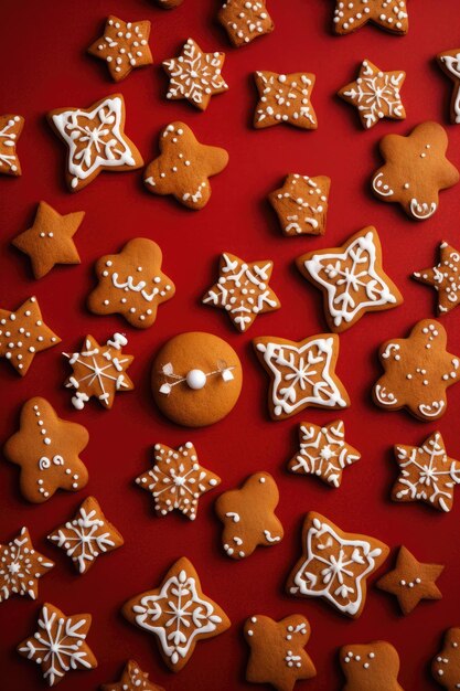 Navidad galletas de jengibre caseras en el fondo de Navidad roja Espacio de copia Generativo ai