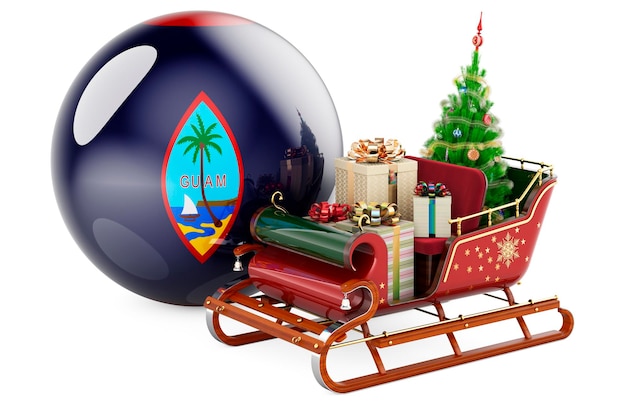 Foto navidad en guam concepto navidad santa trineo lleno de regalos con bandera de guam renderizado en 3d