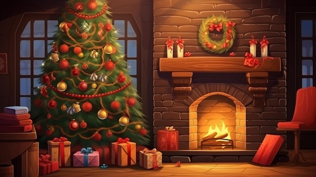 Navidad interior mágico árbol brillante chimenea regalos en la oscuridad por la noche