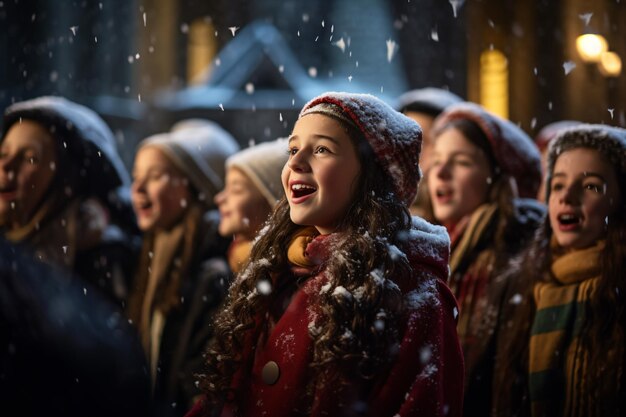 Navidad de invierno cantando gente frente a la iglesia