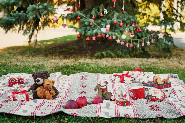 Navidad en julio decoración y árbol en la naturaleza en el parque