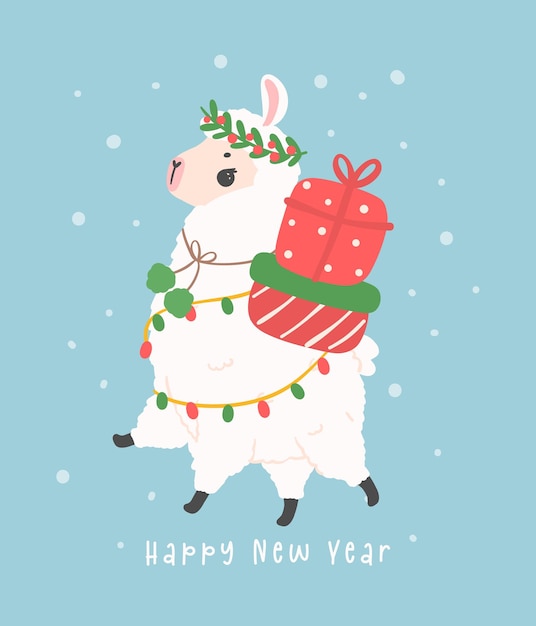 Navidad linda llama Valentín Llama tarjeta de felicitación en el tema de invierno dibujos animados kawaii