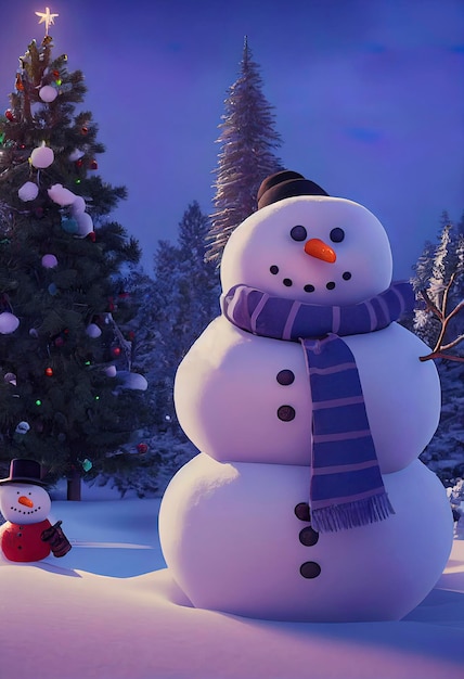 Navidad muñeco de nieve personaje lindo muñeco de nieve en paisaje navideño ilustración animada