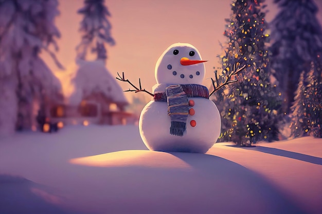 Navidad muñeco de nieve personaje lindo muñeco de nieve en paisaje navideño ilustración animada