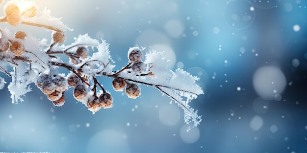Navidad nevada vacaciones de invierno celebración tarjeta de felicitación Closeup de la rama de oine con conos de pino y nieve desenfocado fondo borroso con cielo azul y luces bokeh y copos de nieve