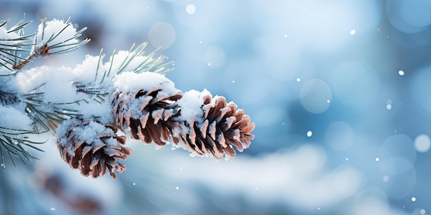 Navidad nevada vacaciones de invierno celebración tarjeta de felicitación Closeup de la rama de oine con conos de pino y nieve desenfocado fondo borroso con cielo azul y luces bokeh y copos de nieve