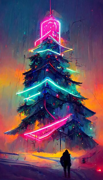 Navidad nieve árbol de navidad coloridas luces de neón ilustración 3D