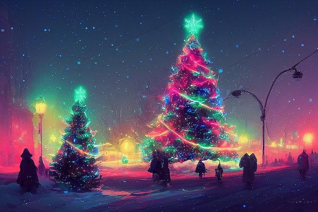 Navidad nieve árbol de navidad coloridas luces de neón ilustración 3D