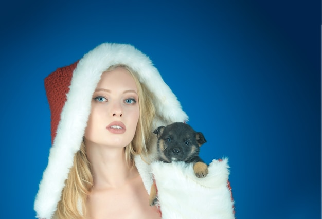 Navidad niña sosteniendo con mascota hermosa modelo rubia vestida con un sombrero de santa claus tiene perrito