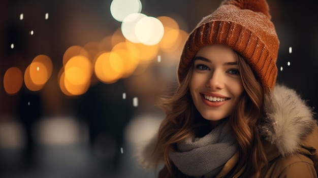 Navidad retrato de mujer feliz en la calle nieve y alegría caminar en la noche vacaciones de Navidad humor sonrisa en la cara de la mujer