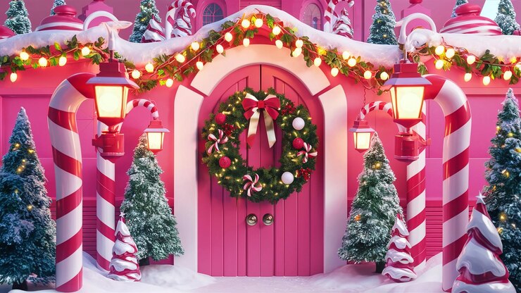 Una Navidad rosada vibrante con una gran puerta que invita al calor y la alegría